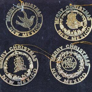 4 Merry Christmas New Mexico Gold Tone Metal Tree Ornaments Dove‎ Bear Peace Vtg